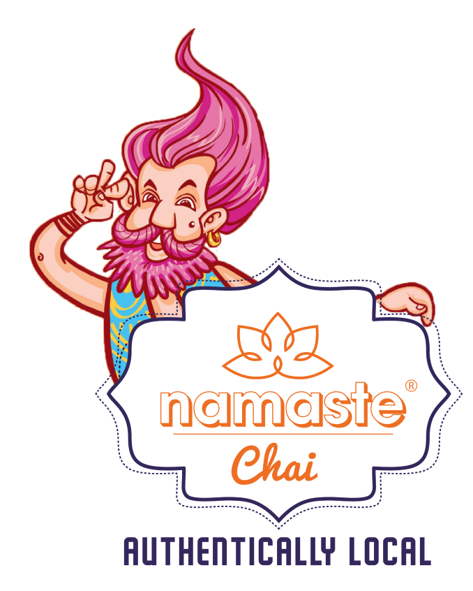 Namaste Chai mascot presenting the lotus mark, with the words authentically local.