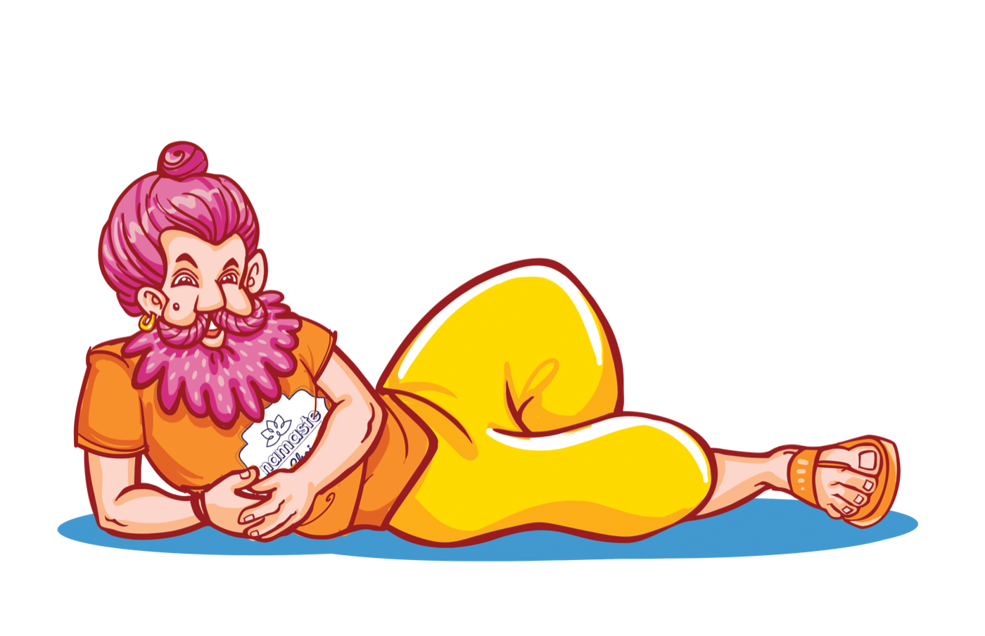 Namaste Chai mascot reclining with a cup, in an orange shirt and yellow trousers.